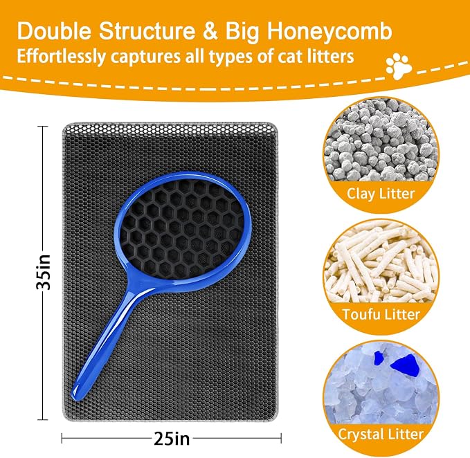Large Cat Litter Box Mat,35"X 25" Litter Trapping Mat for indoor Cat, Litter box Mat for Floor, 2 Layer Litterbox Catcher Rug for Kitty Pet,Waterproof Urine Proof, Clean Easily, Non-Slip