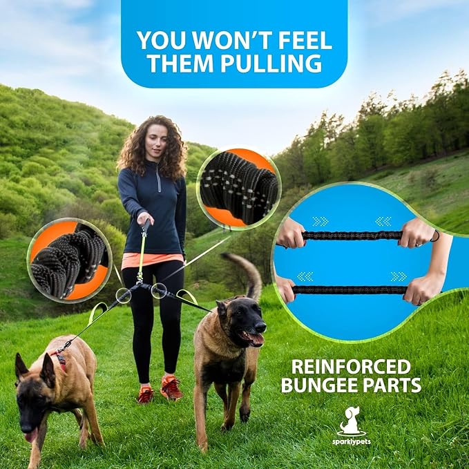 SparklyPets - Double Dog Bungee Rope Leash - Dual Dog Lead for Medium and Large Breeds - Padded Handles, No Tangle - Flow Leash, 2 Dogs Walking Accessory