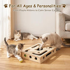 Cat Nail File Box, Interactive Wooden Cat Scratch Puzzle Toy with Sandpaper, Includes 3 Bell Balls & 3 Replacement Pads for Indoor Cats, Stress-Free Enrichment Claw Care (Large)