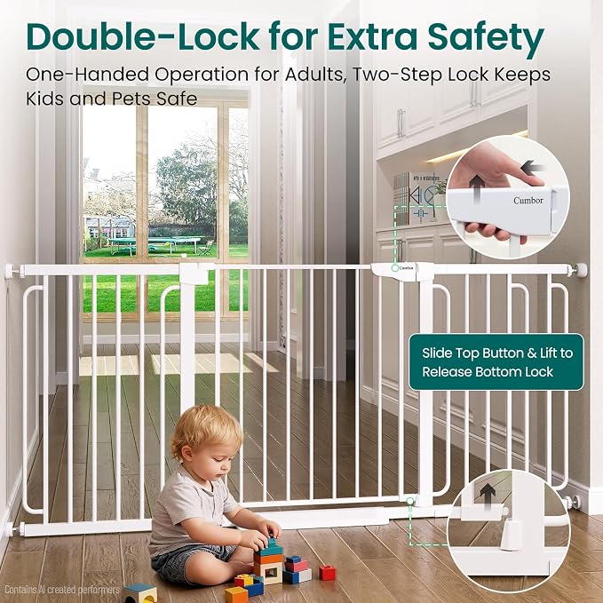 Cumbor Extra Wide Baby Gate, 36.6-69" Walk-Through Dog Gate for Stairs, Doorways & Hallways, 30.5“ Tall, Auto-Close & Dual-Swing Safety Child Gate Indoor, Easy Install Pressure-Mounted Pet Gate, White