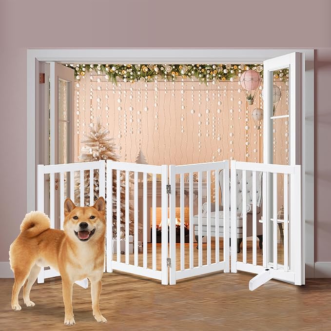 LZRS Freestanding Extra Wide Dog Gate 80" W x 30" H Solid Wooden Pet Gate for Doorways, Stairs, Hallways,Kitchens& Long Areas, Expandable & Foldable with Support Feet,Indoor Use,White