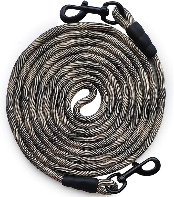 BTINESFUL Dog Tie Out Long Tether Rope Dog Lead for Yard 8/12/20/30/50/75ft | Large Medium Dogs Outdoor Training, Playing, Camping, Backyard Dog Leash (50 Foot, Beige Black)
