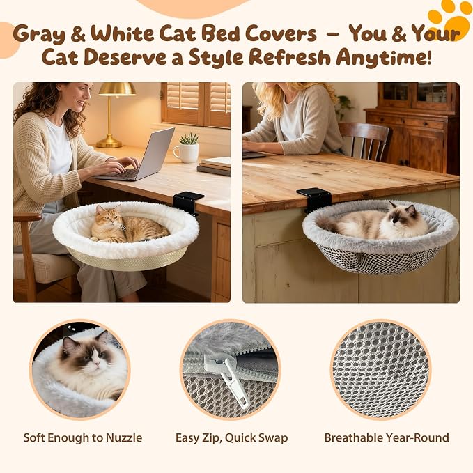 Cat Bed for Desk |2 Machine-Washable Covers |Foldable Cat Bed Desk Mount | Supports 50lbs|Space-Saving Foldable Cat Bed Desk|Reinforced support for jumping and sudden movements