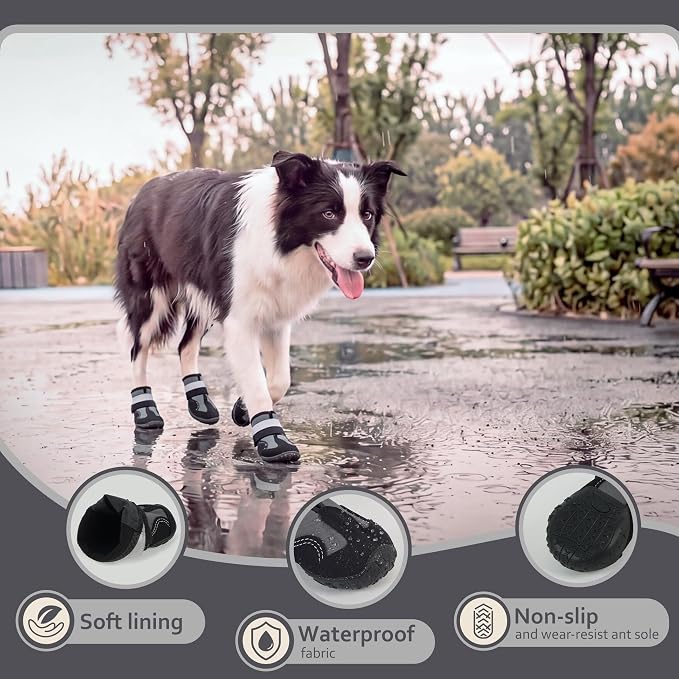 PAWsay Dog Boots Water-Resistant Non Slip Doggy Shoes | Non Slip Puppy Boots with Reflective Straps Prevent Injury Scratching Comfy Boots with Soft Thin Lining Lighten Friction