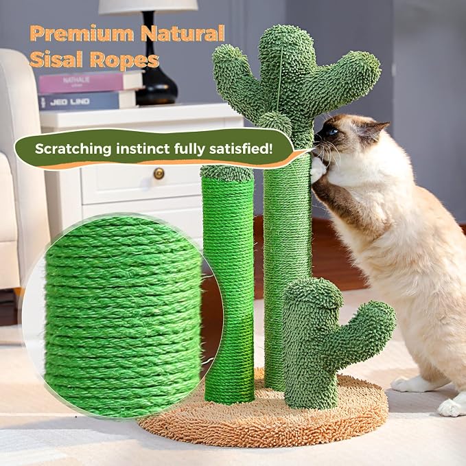PAWZ Road Cactus Cat Scratching Post 27”Cat Scratcher with Toy Ball | Cactus Cat tree with 3 Sisal & Carpet Thick Scratching Posts, Double Layer Base, Interactive Ball for Adult and Indoor Cats