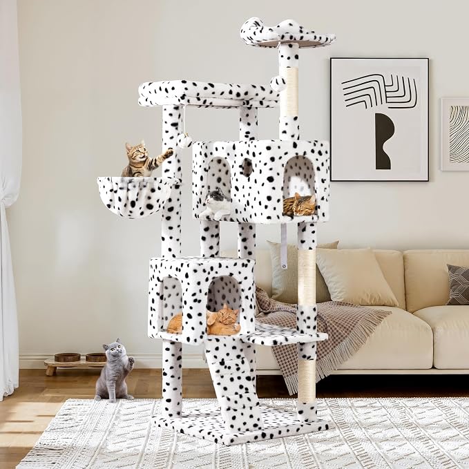 Allewie 64 Inches Cat Tree Tower/Multi-Level Activity Center for Indoor Big Felines/2 Plush Condos/2 Perchs/Basket/House/Sisal Scratching Posts/Hanging Cat Toys/White & Black Spot