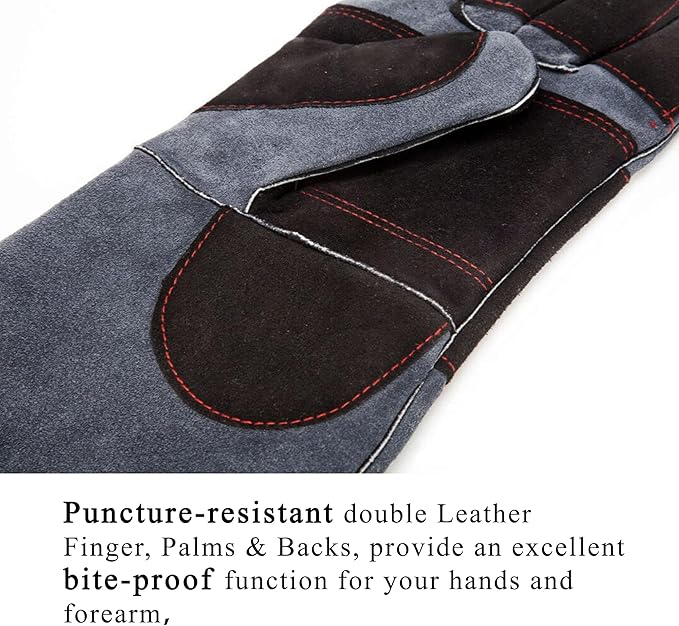 RAPICCA Animal Handling Gloves, Bite Proof Double Leather, 16 in Grey-Black | For Dog, Cat, Bird, Falconry, Snake & Reptile Handling; Vets, Groomers & Animal Control Teams