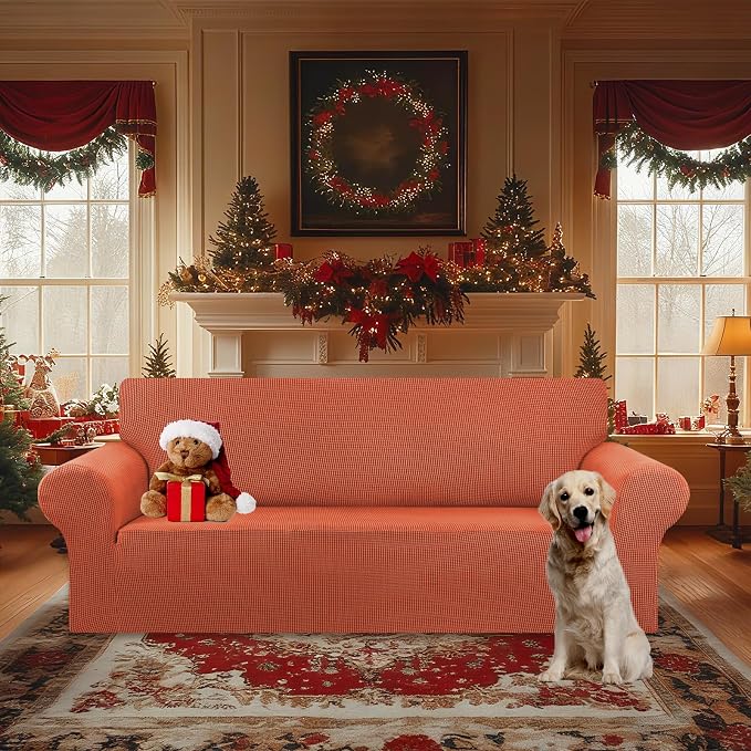 Stretch Oversized Couch Covers for Sofa Slipcover,Pureed Pumpkin | 1-Piece Washable Sofa Cover (94"-110") 4-Seater Furniture Protector, Soft Jacquard Non-Slip Elastic Bottom for Dogs & Kids