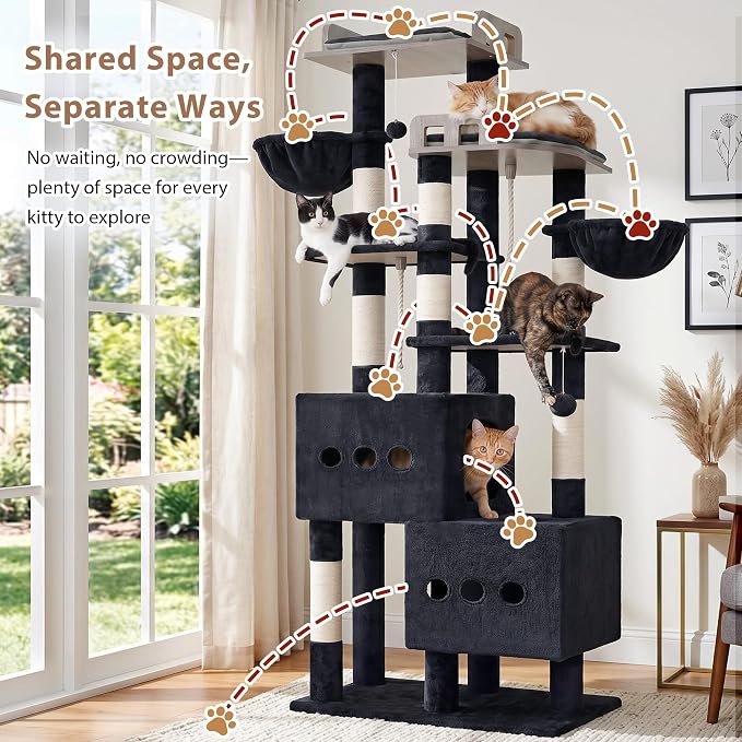 Gitelsnour Sturdy Cat Tree Tower with 2 Large Condos, 4 Big Perchs GCT039G | 74.8" Sturdy Cat Furniture for Indoor Cats Large Adult with 2 Cozy Cat Baskets, Sisal Scratching Posts & Toys, Dark Gray