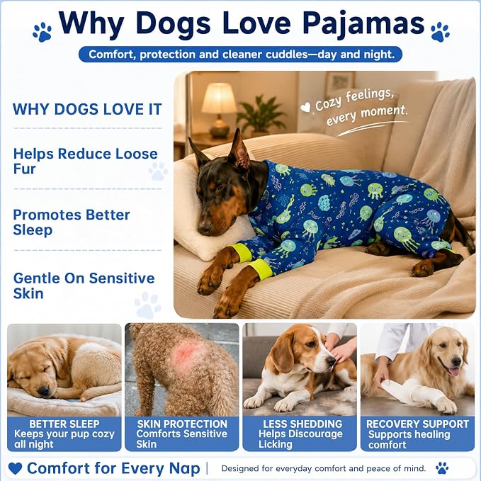Dog Pajamas for Small to Medium Dogs, Soft Stretchy Lightweight Dog Onesie, Blue Jellyfish Print, Breathable Full Body Dog PJs for Recovery, Sleeping & Calming (Large, 20–30 lbs)