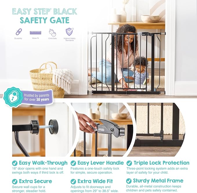 Regalo Safety 29"-38.5" Easy Step Baby Gate, Bottom of Stairs & Doorways | Pressure Mounted with Door, For Babies, Toddlers & Pets, Black, Tested & Trusted for 30 Years