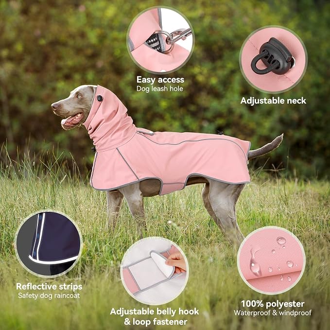 Reflective Dog Raincoat, Windproof & Waterproof Dog Rain Jacket, Adjustable Hooded Pet Poncho with Leash Hole for Small, Medium, Large Dogs(S-2XL) (Pink, XX-Large)