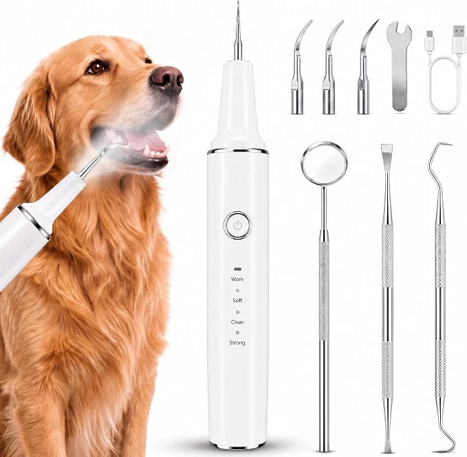 Dog Teeth Cleaning Kit, Ultrasonic Dog Plaque and Tartar Remover | Contact-Activated Pet Dental Care Tool with 3 Modes, 4 Heads, LED Light, IPX6 Rechargeable Dog Cat Teeth Cleaner - White