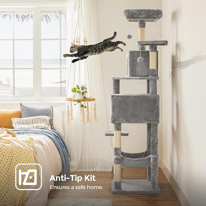 Feandrea Cat Tree, 73.2-Inch Tall Cat Tower, Plush Multi-Level Condo with 5 Scratching Posts, 2 Perches, 2 Caves, Hammock, 2 Pompoms, Light Gray UPCT191W01