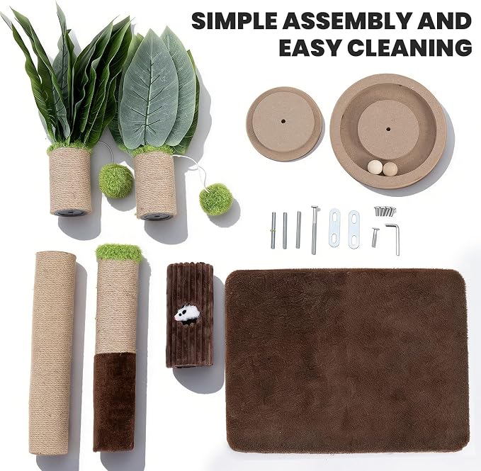 Woochpet Palm Tree Cat Scratching Post Dual Height Brown | Natural Sisal Wrapped Poles, Hanging Plush Balls, Bottom Roller Ball Track, Hidden Peek Hole