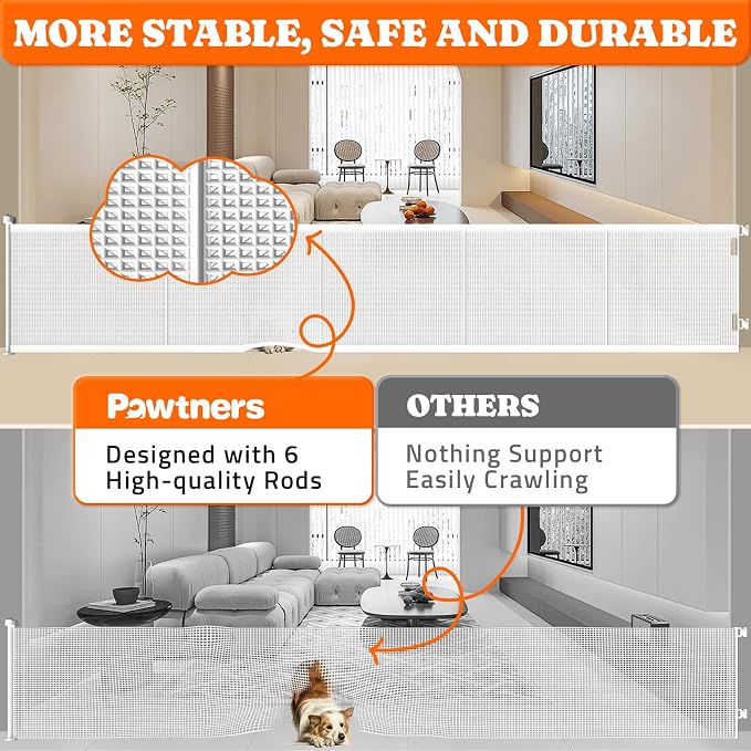 Pawtners Retractable Baby Gates Extra Wide, 41" Tall x 120" Wide, White | Dog Gate Indoor for Stairs, Pet Gate with Support Rods for Doorways Hallways Indoor & Outdoor