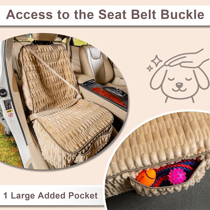 Dog Car Seat Cover Front Seat, Soft Plush Waterproof Protector,Tan | Non-Slip Backing, Side Flaps, Full Coverage, Hair, Dirt & Scratch Defense, Machine Washable, Fits Cars, SUVs & Trucks