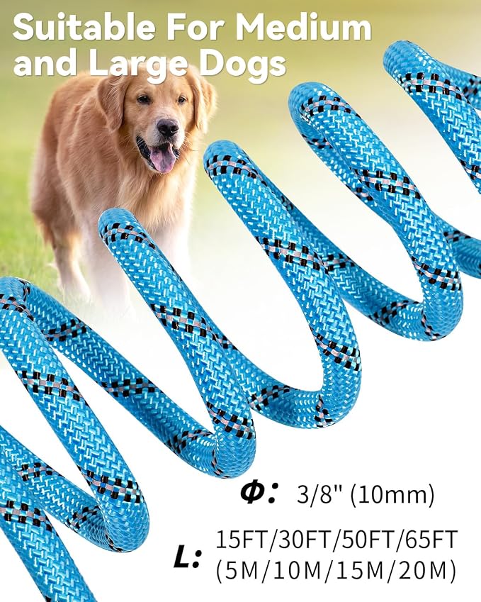 Joytale Long Dog Leash for Yard Tie Out & Recall Training, Blue, 15FT | Secure Locking Carabiner, Removable Padded Handle, Reflective Webbing for Night Safety, Ideal for Outdoor Play and Camping