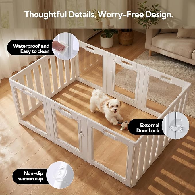 Soulbond Clear Acrylic Dog Playpen Indoor (24 Inch, White, 10 Panels) | Non-Slip,Tool-Free Assembly, External Door Lock Play Pen for Puppies and Small Dogs