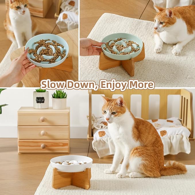 Elevated Slow Feeder Cat Bowl - Melamine Cat Food Plate with Anti-Slip Bamboo Stand - Whisker Friendly Feeding Bowl - Raised Maze Dish for Slow Eating - Pale Blue