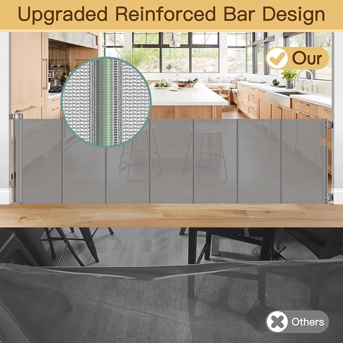 Reinforced 200 Inch Extra Long Baby Gate For Large Opening to Prevent Crawling Under, 16 ft Retractable Dog Gate for Doorway Extra Wide, Outdoor/Indoor Retractable Baby Fence to Separate Playroom,Gray