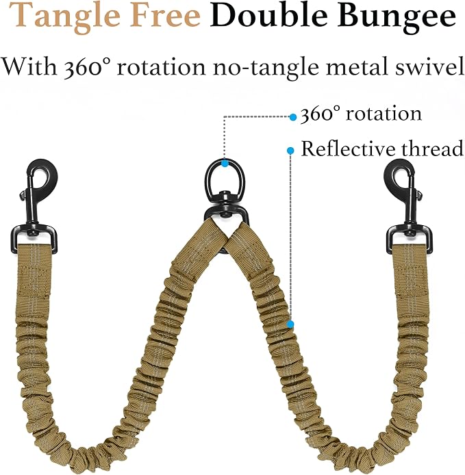 iYoShop Dual Dog Leash - 360° Swivel, No Tangle Walking Leash with Shock Absorbing Bungee for Two Dogs (Large, 25-150 lbs, Khaki)