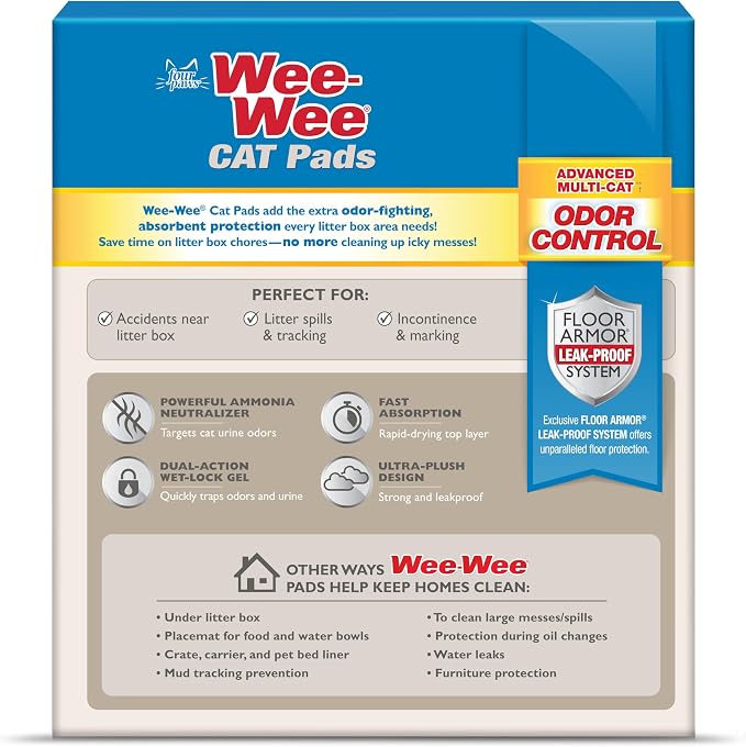 Four Paws Wee-Wee Cat Pads, Unscented, 10 Count | Disposable litter box mats, great for under litter boxes, advanced odor control, fast absorption, litter tracking, 28" x 30"