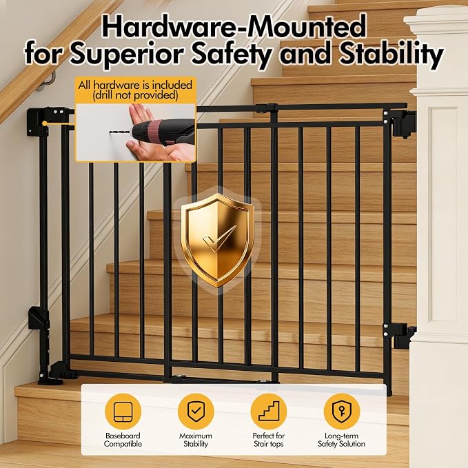 39" Extra Tall Baby&Dog Gate,32-54" Wide Hardware Mount Gate,Black | Auto-Close design,Two-Way Swing, No Bottom Bar,Must Drill to Install