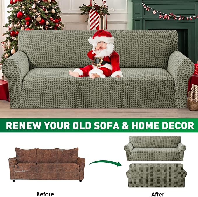 MAXIJIN Stretch Loveseat Couch Cover for 2 Cushion Couch (55"-69" Washable Sofa Slipcovers with Non-Slip Foam & Elastic Strap, Dog Cat Pet Friendly Furniture Protector (Medium, Army Green)