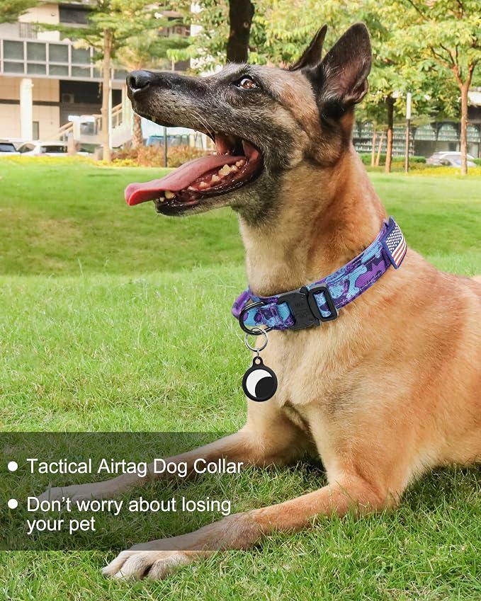 Hotsky Tactical Dog Collar and Leash Set, Heavy Duty Military Airtag Dog Collar with Handle and Metal Buckle for Training and Walking, with Airtag Holder and Two Patches (Purple Camo, M)