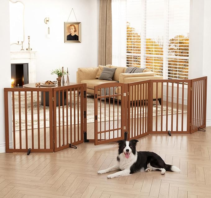 Homykic Dog Gate Indoor, 142" W x 30" H Extra Wide Foldable Bamboo Pet Gate with Door, No Assembly Freestanding Dog Fence with 2 Support Feet & 360°Hinges for Doorways Hallways (Walnut, 6 Panels)