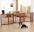 Homykic Dog Gate Indoor, 142" W x 30" H Extra Wide Foldable Bamboo Pet Gate with Door, No Assembly Freestanding Dog Fence with 2 Support Feet & 360°Hinges for Doorways Hallways (Walnut, 6 Panels)