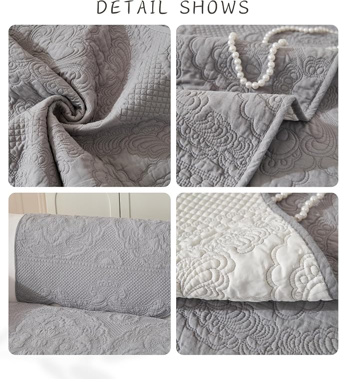 Luxury Vintage Cotton Embroidery Sofa Cover Soft Farmhouse Seat Cushion Cover Floral Quilted Sectional Couch Cover Anti-Slip Sofa Slipcovers Furniture Protector for Dogs Cats (Grey,28"x82")