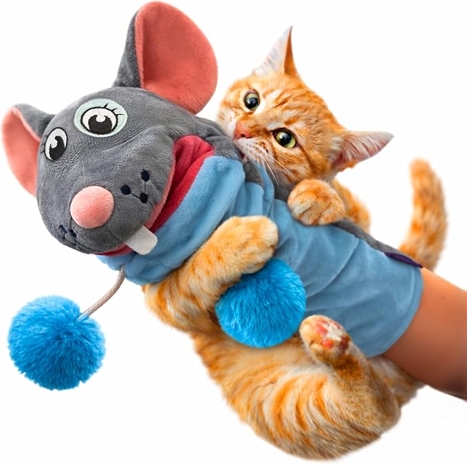 Pounce & Purr Meow Mitt Wearable Cat Wrestling Glove Puppet - Mouse | Catnip & Silvervine plush hand puppet, crinkle sounds & wiggling arms - dual-layer interactive toy, indoor cats & kitten
