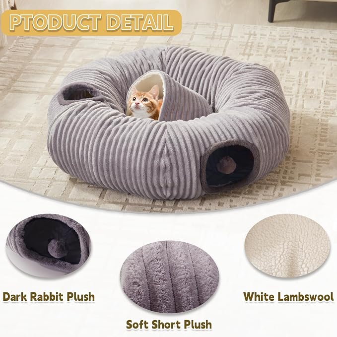 Cat Tunnel Bed for Indoor Cats - Cute Cat Donut Tunnel with Washable Circle Cushion and Blackout Tent Round Pet Play Toy for Kitten/Puppy/Rabbit, Grey