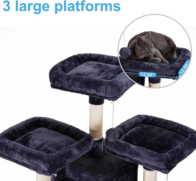Hey-brother Cat Tree Tower with Stable Multi-Level Padded Perches, MPJ034G | 71 Inches Large Cat House with 3 Platforms, Basket, 2 Cozy Condos, Scratching Posts, Toys Ball for Indoor Cats, Smoky Gray