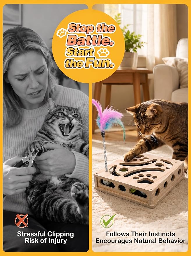 Cat Scratch Puzzle Enrichment Box, Wooden Interactive Toy for Indoor Cat | Cat Nail File Scratcher Box,Feather Wands & 3 Bell Balls, Claw Saver Box with 2 Sandpaper Nail Trim for Cats Kitten