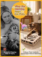 Cat Scratch Puzzle Enrichment Box, Wooden Interactive Toy for Indoor Cat | Cat Nail File Scratcher Box,Feather Wands & 3 Bell Balls, Claw Saver Box with 2 Sandpaper Nail Trim for Cats Kitten