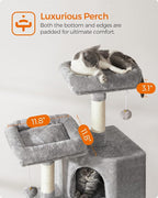 Feandrea Cat Tree, 45.3-Inch Cat Tower, Cat Scratching Post, Light Gray | 45.3-Inch Cat Tower, Plush Condo with Scratching Post, Ramp, Perch, Spacious Cave, Light Gray
