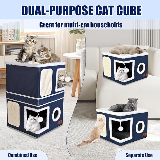 2-Story Cat House for Indoor Cats, Dual-Purpose Cat Cave Bed with Scratch Pad and Fluffy Ball, Foldable Cat Hideaway, Cute Cat Condo Furniture for Multi Small Pet Kitten, Blue
