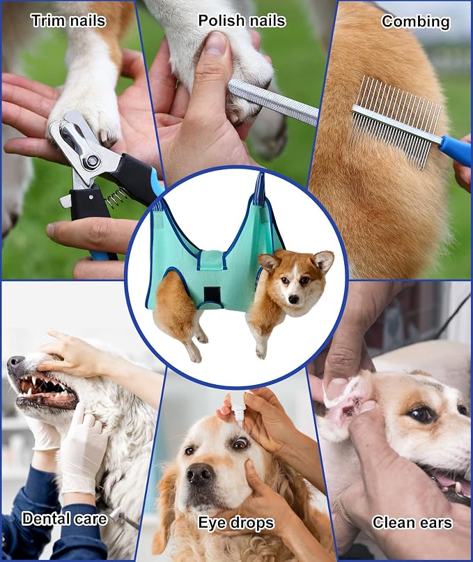Kkiimatt Dog Grooming Hammock,Hanging Harness Holder for Nail Clipping, Nail Trimming Hammock with Wide Strap, Grooming Sling Hanger for Claw Care (X-Large 50 LB Max/Turquoise)