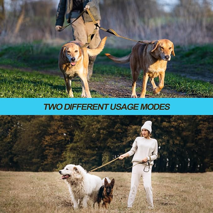 PetBonus Double Dog Leash, No Tangle Dual Leash, Walking Training Lead | 4 Comfortable Padded Handles, Adjustable, Reflective, For Two Large Medium Dogs, Collapsible Bowl and Waste Bags, Light Khaki