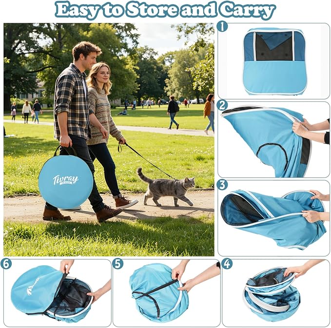 Cat Playpen, 3-in-1 Pop-up Outdoor Cat Enclosure, Blue | 2 Rooms & Tunnel, Breathable Mesh, Carry Bag, Interactive Toys, Multi-Entry Doors, Indoor & Outdoor Use for small pets