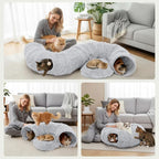 DUMOS Cat Tunnel Bed for Indoor Cats, Cave Donut Play Tunnel, Grey | Soft Plush Peekaboo, Washable Circle Cushion, Multifunctional Playground Under Tree Toys for Kittens, Puppy, Rabbit, Ferret