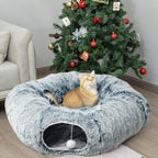 AUOON Plush Cat Tunnel Bed for Indoor Cats, 36" L x 36" W x 11.5" H, Gray | 2 in-1 Interactive Cat Toy, with Hanging Ball Toy, Machine Washable Center Pad, for Kitten Puppy Rabbit Ferret