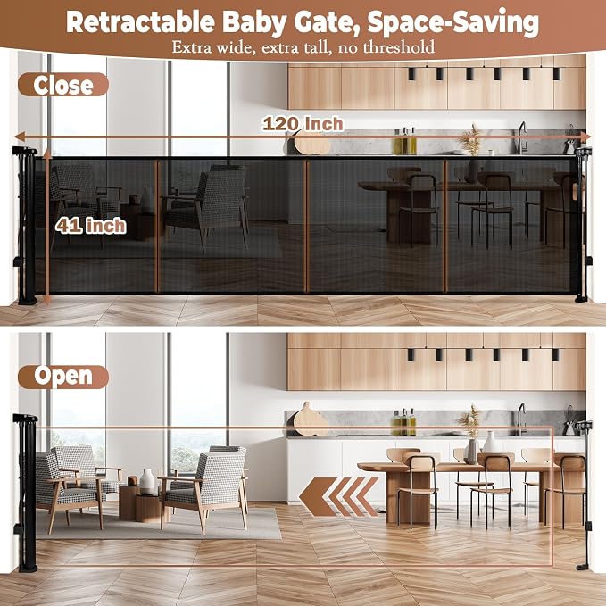 120" Retractable Baby Gate Extra Wide, 41" Tall Retractable Dog Gate for Stairs, Doorways, Decks, Mesh Gate Long Child Gate Pet Gate for Indoor, Outdoor, with Reinforced Mesh Rods, Dual Locks