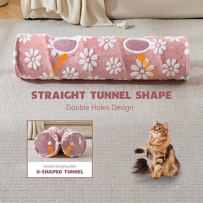 Straight Cat Tunnel for Indoor Cats 47"x12", Pink Flower | Cute Cat Toys, Collapsible Tunnel Tube with Hanging Balls for Puppy Kitten Rabbit
