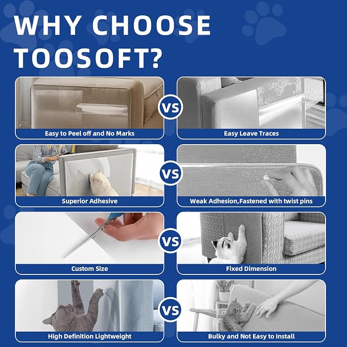 TOOSOFt Anti Cat Scratch Furniture Protector Clear Vinyl 196.9"x16.5" | Couch Protector from Cat Claws Thicken - Single Sided Sticky Flexible Dog Tape for Furniture, for Couch Corner Door Walls Bed