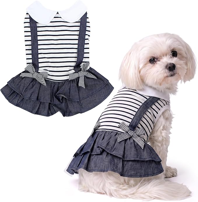 Parisian Pet Preppy Dog Dress - Summer Clothes for Small Dogs Girl - Stylish Sleeveless Pet Outfit - Designer Dog Apparel - Lightweight and Breathable Puppy Clothes - Comfortable Skirt for Dogs