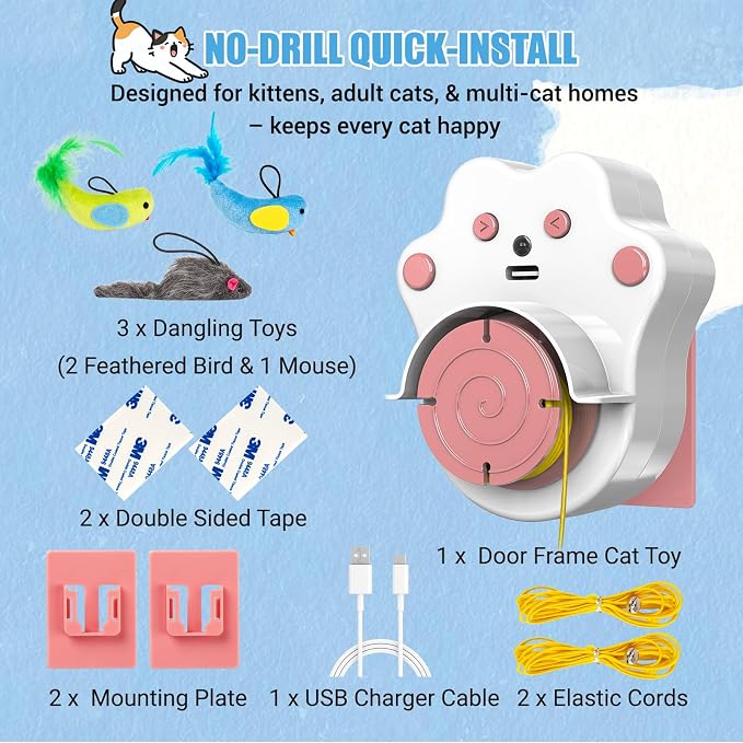 Interactive Cat Toys for Indoor Cats, Automatic Flying Bird & Mouse | Chase Exercise Enrichment Stimulation, USB Large-capacity Rechargeable Electric Door Hanging Toy for Bored Kitten & Adult Cat